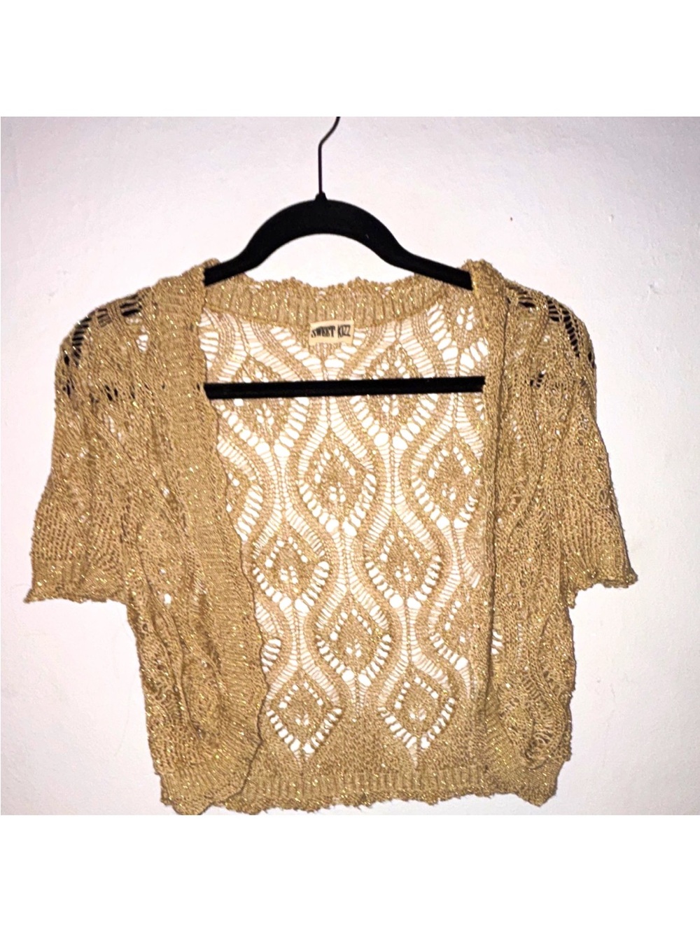 VTG sweet kizz beige gilt Metallic open knit v neck short sleeve shrug size s